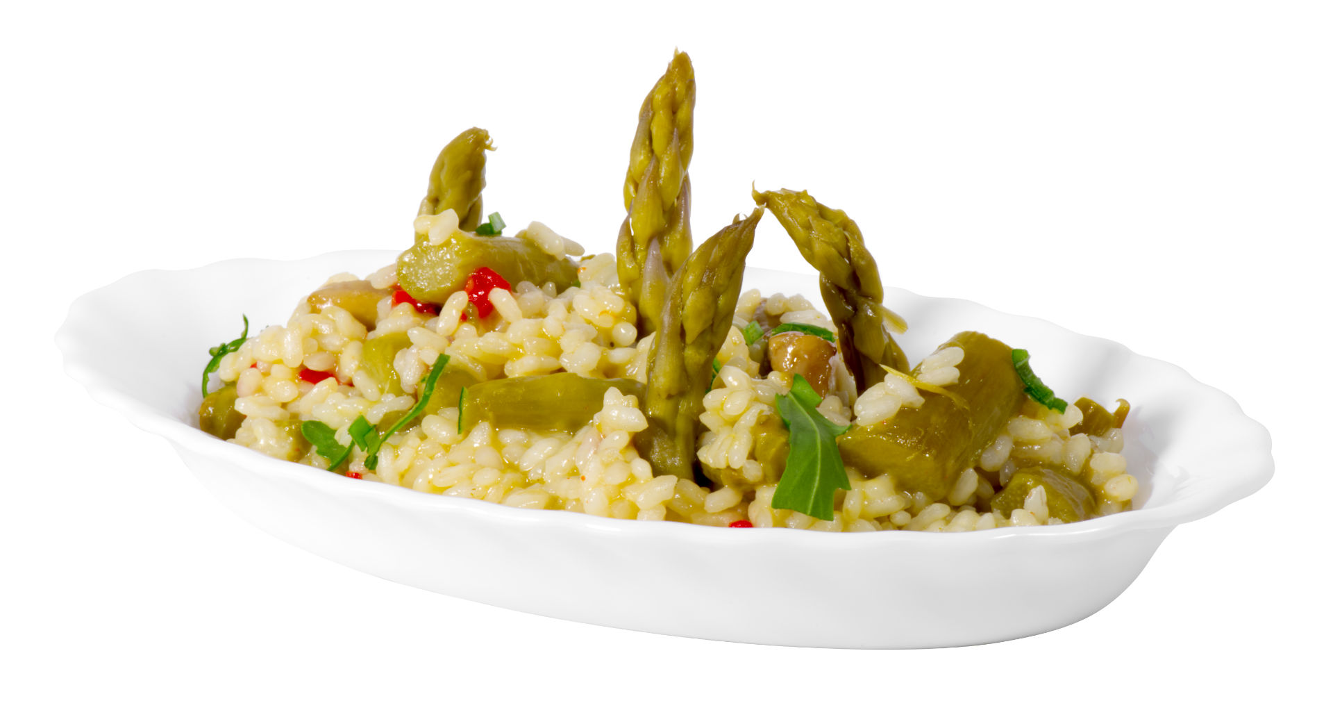 Arroz de espárragos con pimiento rojo y rúcula